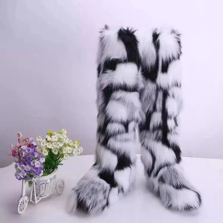 10 / JM-6 Faux furry fluffy soft plush ladies women winter knee high boots matching faux fur women headband set