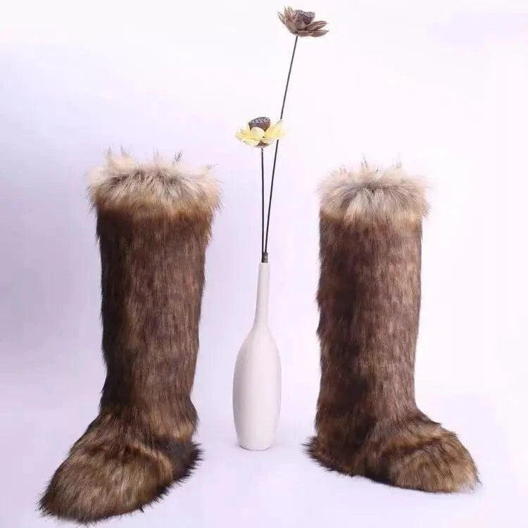 10 / JM-8 Faux furry fluffy soft plush ladies women winter knee high boots matching faux fur women headband set