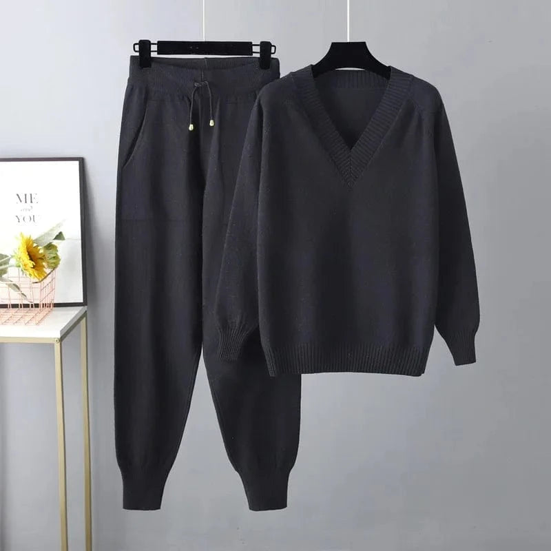 10%OFF One Size Autumn/Winter New Sweater Harem Pants With Pocket Suit Casual V-Neck Sweater Pullover Two Piece Set