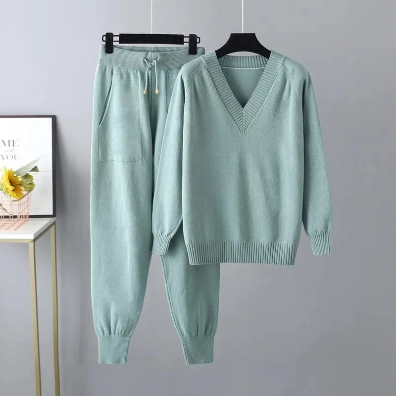 10%OFF One Size Autumn/Winter New Sweater Harem Pants With Pocket Suit Casual V-Neck Sweater Pullover Two Piece Set