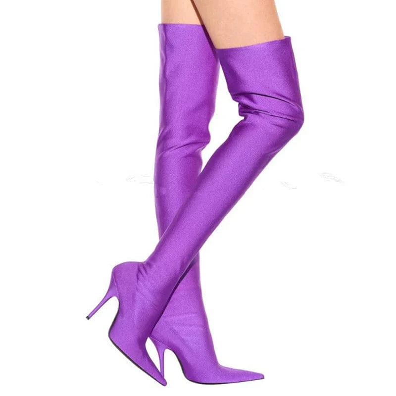 10 / Purple BUSY GIRL CHT2215 women boots fashion high heel pointed toe nightclub runway show legging stretch over the knee thigh high boots