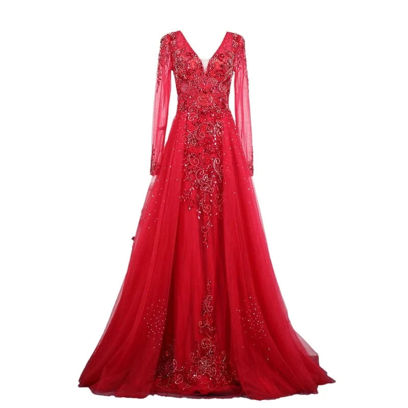 10 / Red Yo011 High Quality Sexy Lace Embroidered Beaded Shiny Ball Evening Dress