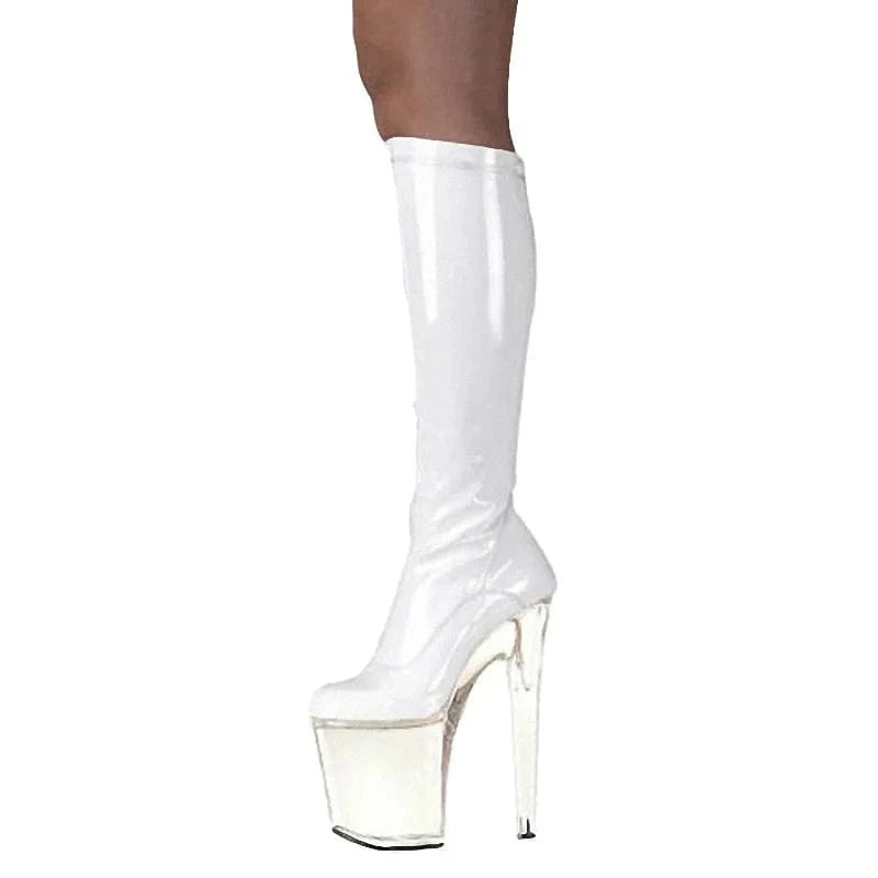 10 / White PC 20cm Thigh High Stiletto Heels Lace Up Model Crystal Winter Round Platform Women Boots 8 Inch  Sexy Gothic Shoes Stripper