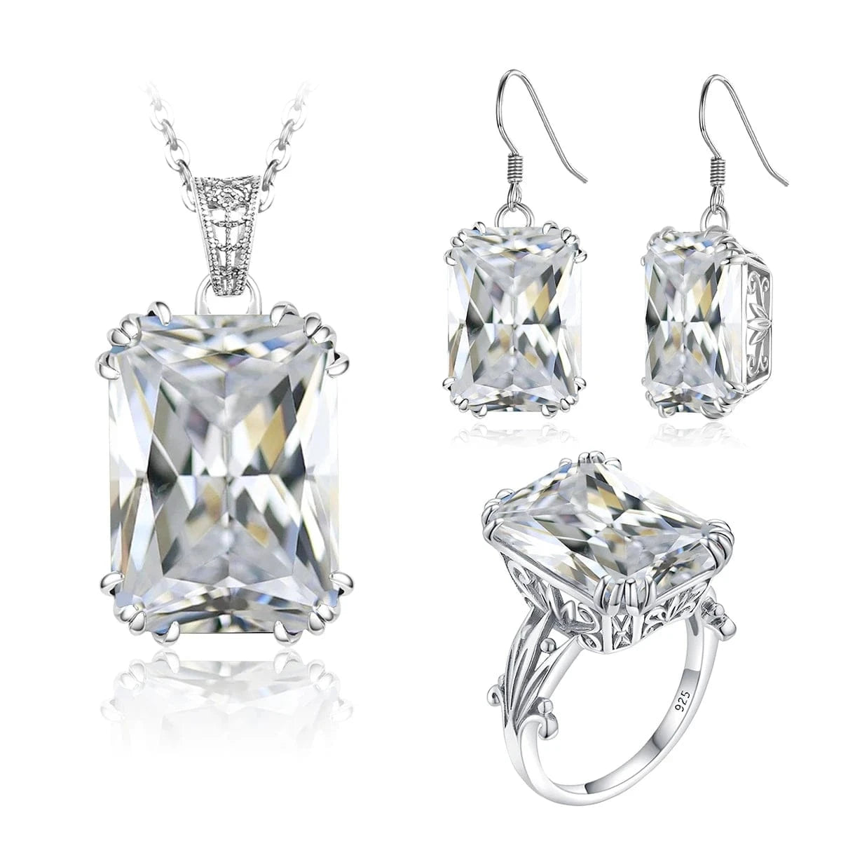 10 / White zircon Sapphire Blue Stone Zircon Crystal Sterling Silver Jewelry Sets for Women Retro Crown Ring Pendant Earring for Party Engagement