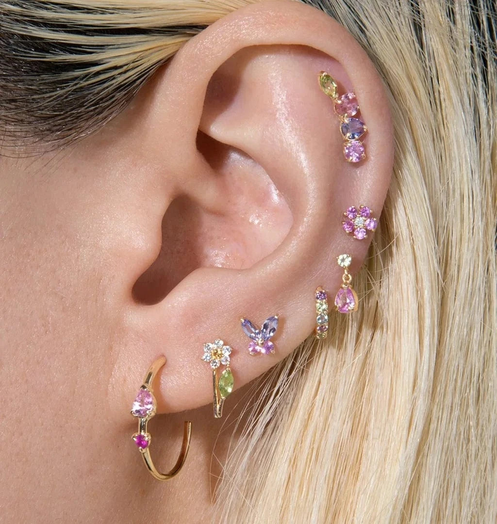 100% 925 Sterling Silver Multi Piercing Earring Minimal Delicate Gold Plated Butterfly Flower Mini Hoop Fine Silver Jewelry
