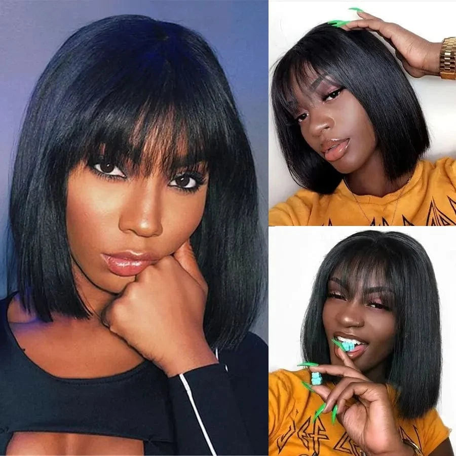 100% human virgin hair bang wig machine wig with fringe straight bob wig with bang