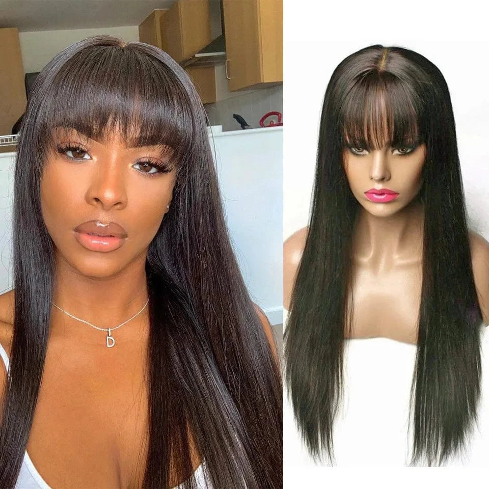 100% human virgin hair bang wig machine wig with fringe straight bob wig with bang