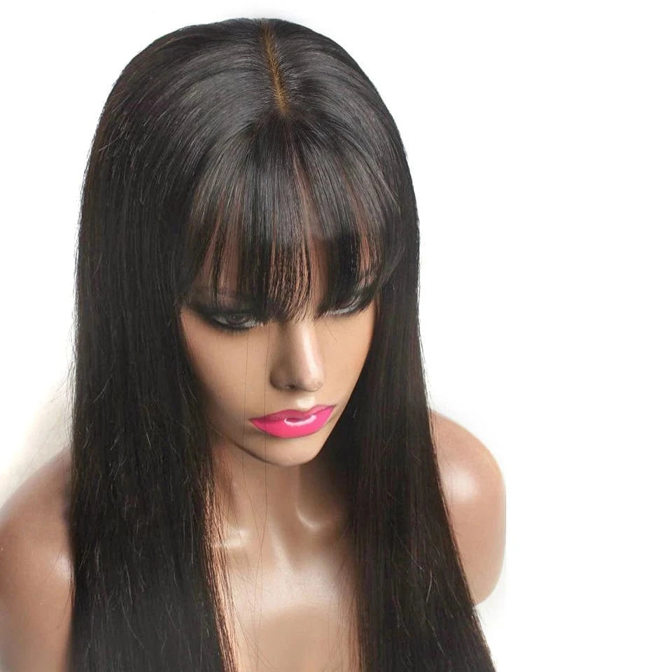 100% human virgin hair bang wig machine wig with fringe straight bob wig with bang