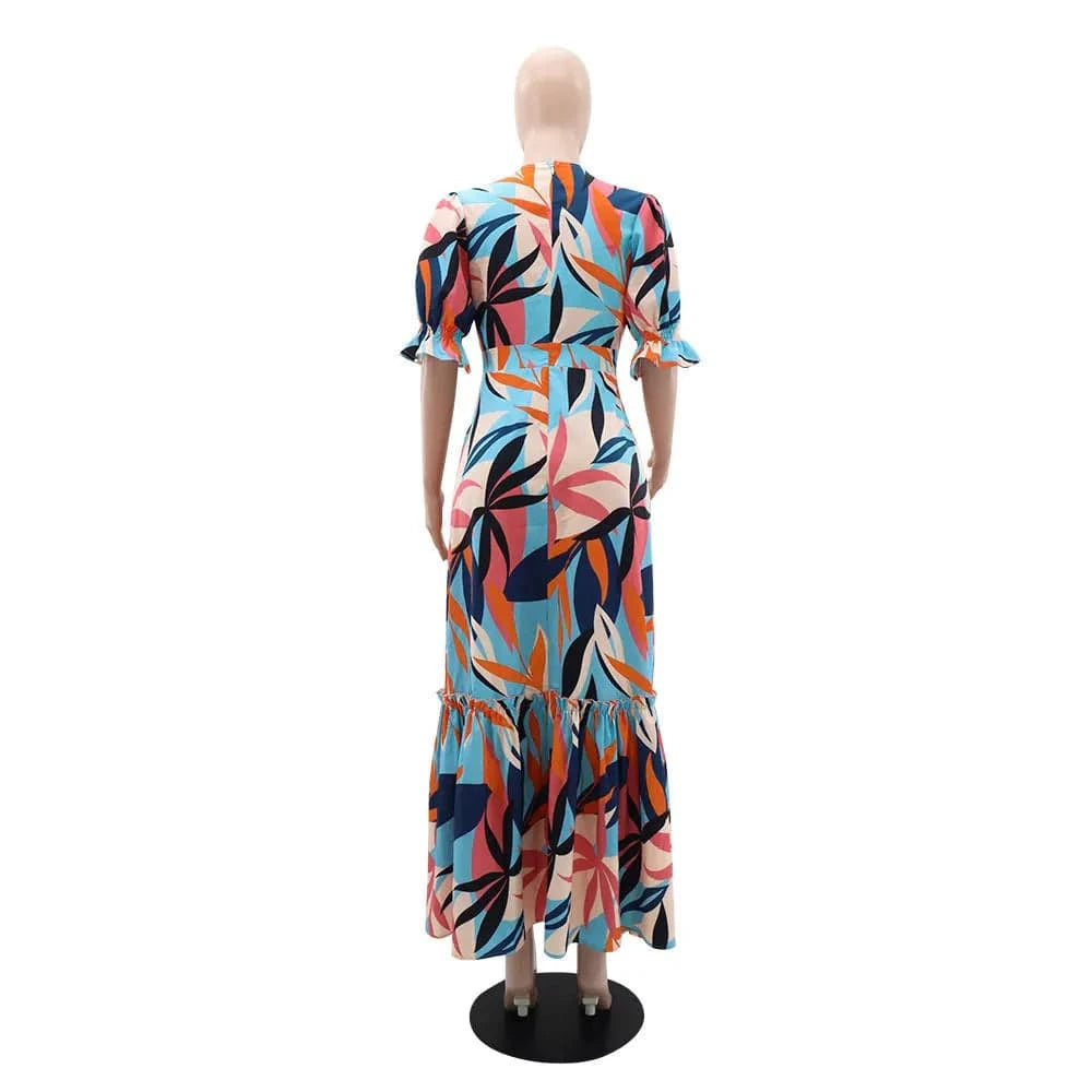 10387 Floral Maxi V-neck Dress For Women Sexy Short Sleeve A-line Holiday Beach Split Dress 2024 Summer Female Sundress