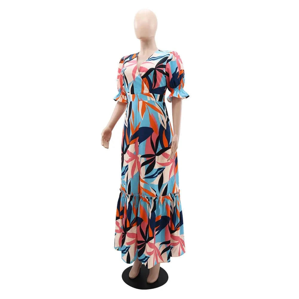 10387 Floral Maxi V-neck Dress For Women Sexy Short Sleeve A-line Holiday Beach Split Dress 2024 Summer Female Sundress
