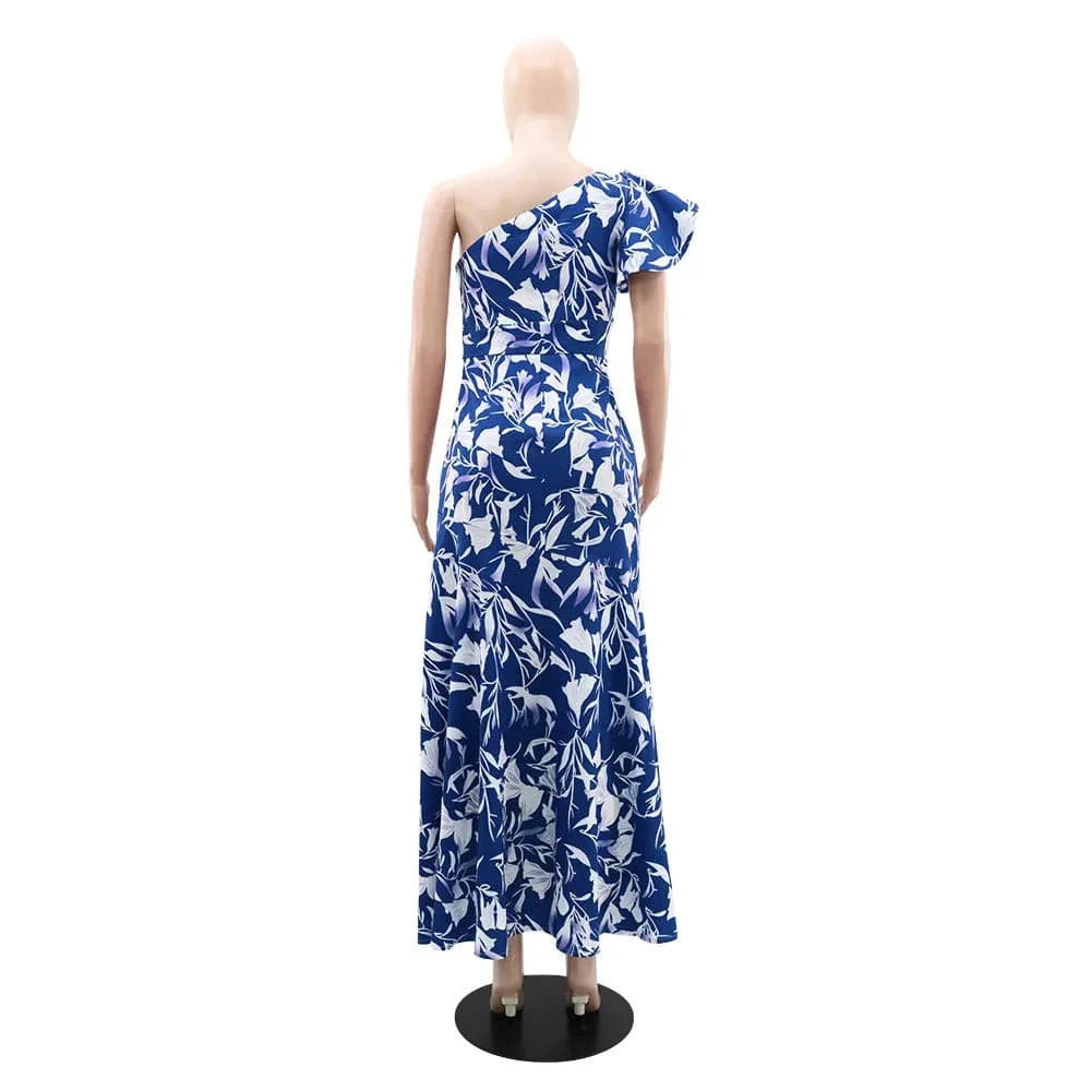 10402 Wholesale 2024 Summer New Trendy Print V-neck Bubble Sleeves Long Sexy Off Waist Women's Dress