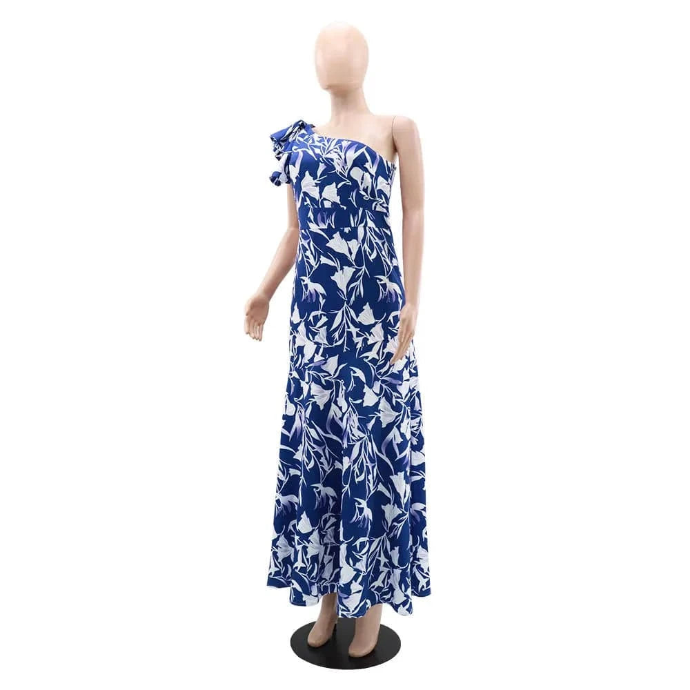 10402 Wholesale 2024 Summer New Trendy Print V-neck Bubble Sleeves Long Sexy Off Waist Women's Dress