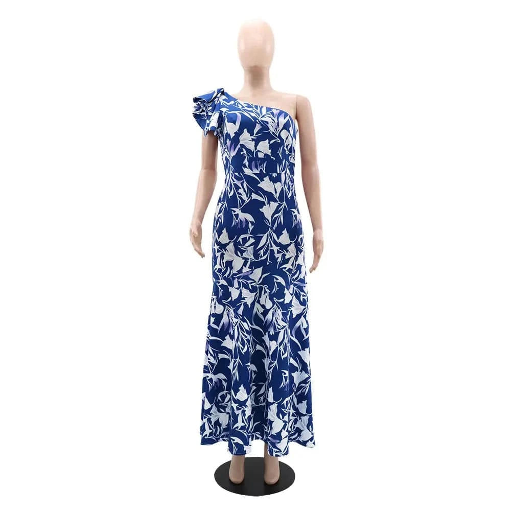 10402 Wholesale 2024 Summer New Trendy Print V-neck Bubble Sleeves Long Sexy Off Waist Women's Dress