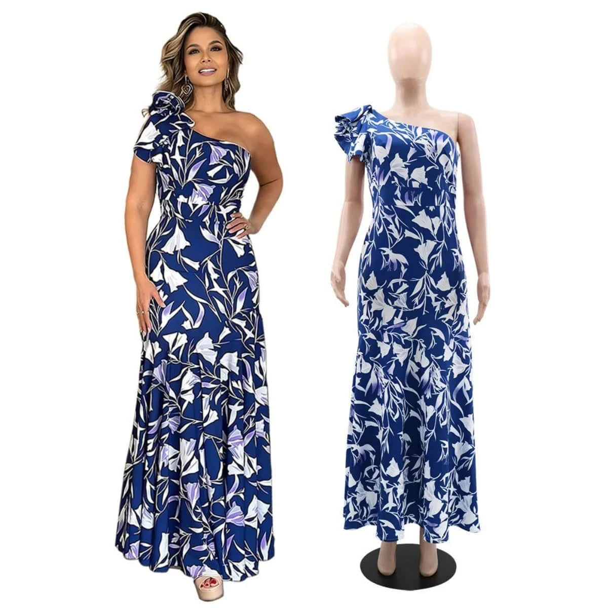 10402 Wholesale 2024 Summer New Trendy Print V-neck Bubble Sleeves Long Sexy Off Waist Women's Dress