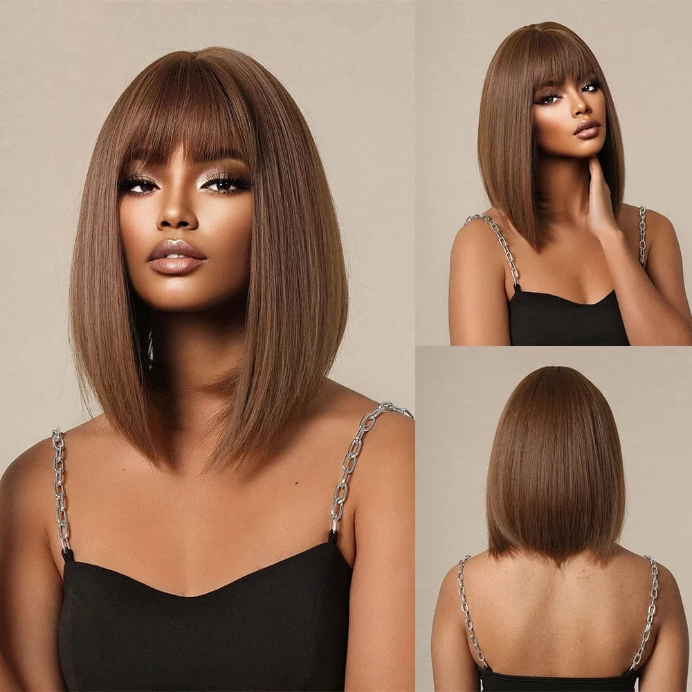 1052-2 Factory Outlet Black Brown Bob Synthetic Wigs with Bangs Short Straight Daily Wig for Women Party Lolita Natural Looking Hair