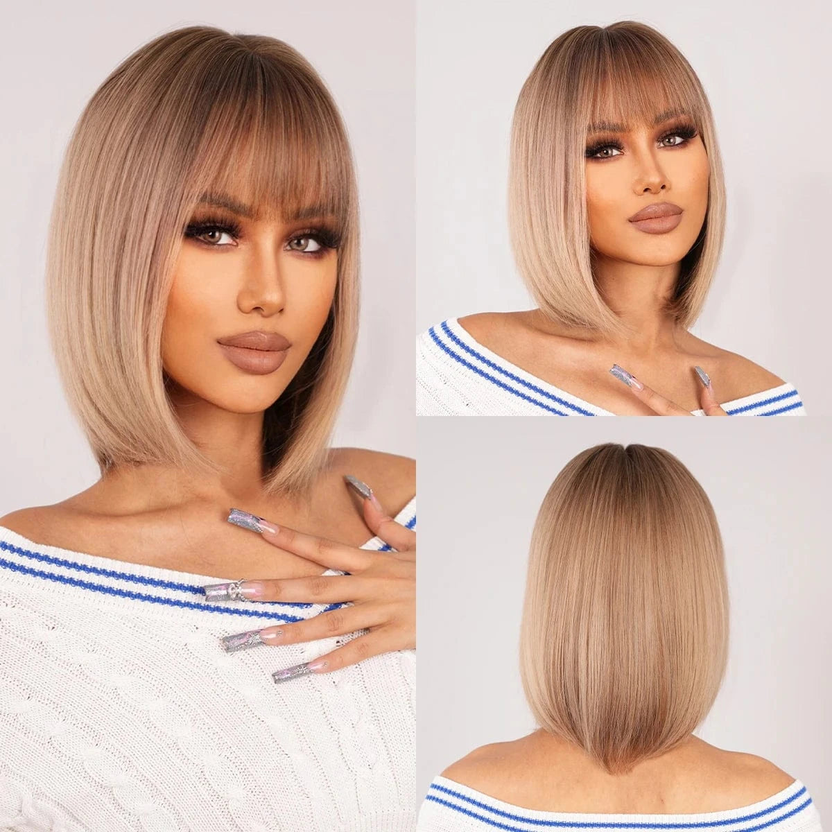 1052-3 Factory Outlet Black Brown Bob Synthetic Wigs with Bangs Short Straight Daily Wig for Women Party Lolita Natural Looking Hair