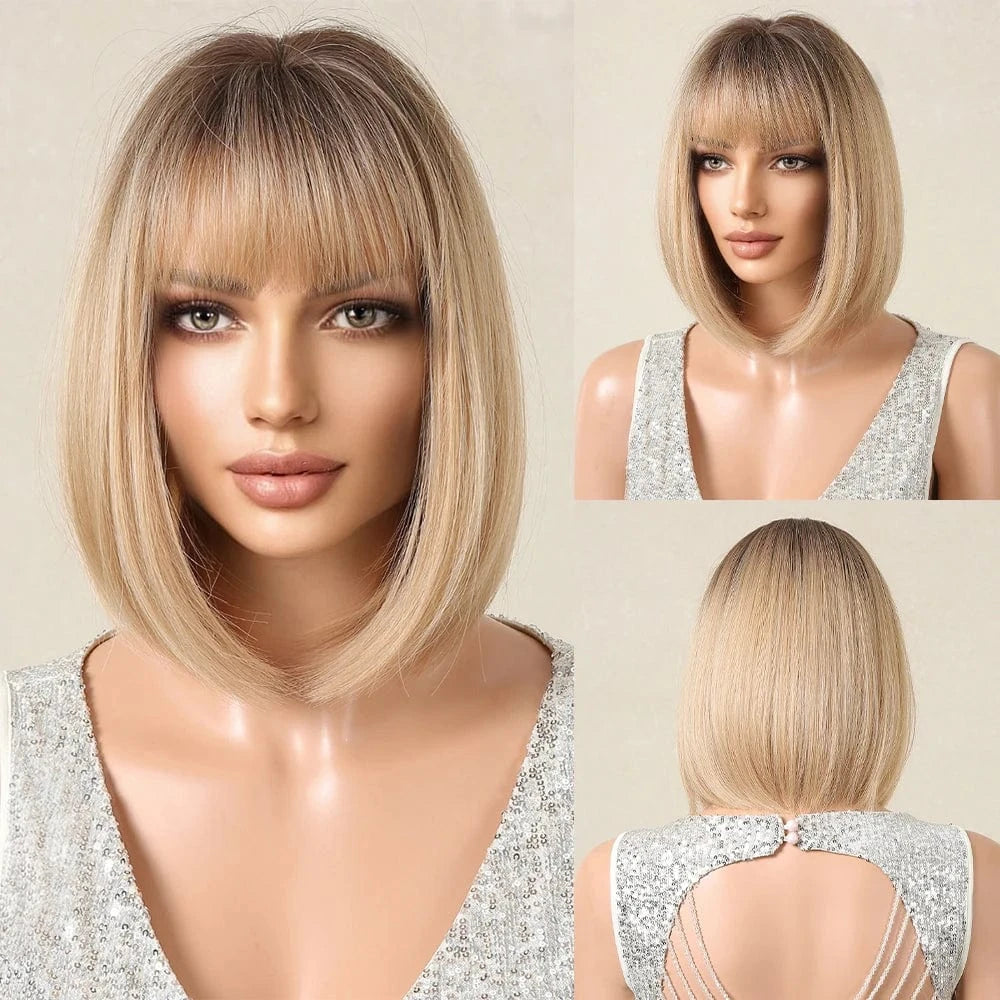 1087-1 Factory Outlet Black Brown Bob Synthetic Wigs with Bangs Short Straight Daily Wig for Women Party Lolita Natural Looking Hair