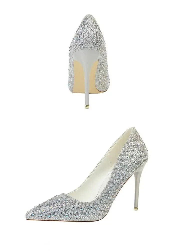 10CM high heels women's shoes stiletto high-heeled shallow mouth suede slim pedicure tip buckle rhinestone single shoes