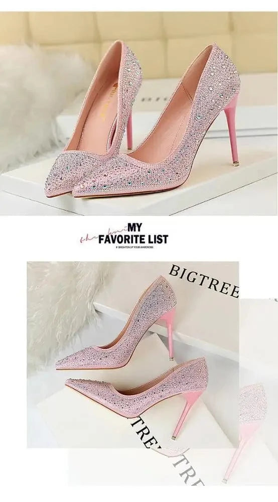 10CM high heels women's shoes stiletto high-heeled shallow mouth suede slim pedicure tip buckle rhinestone single shoes