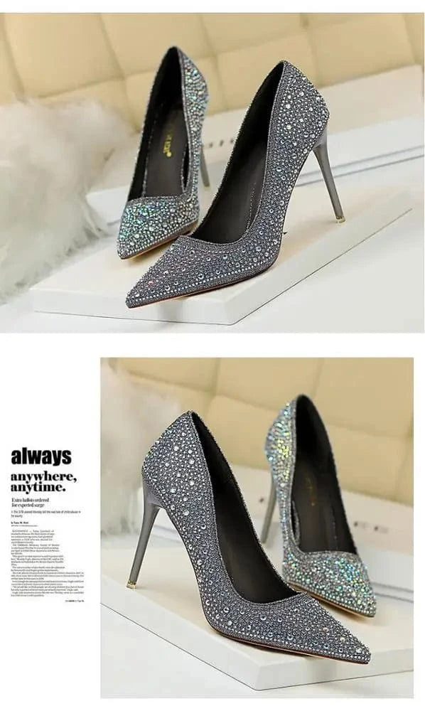 10CM high heels women's shoes stiletto high-heeled shallow mouth suede slim pedicure tip buckle rhinestone single shoes