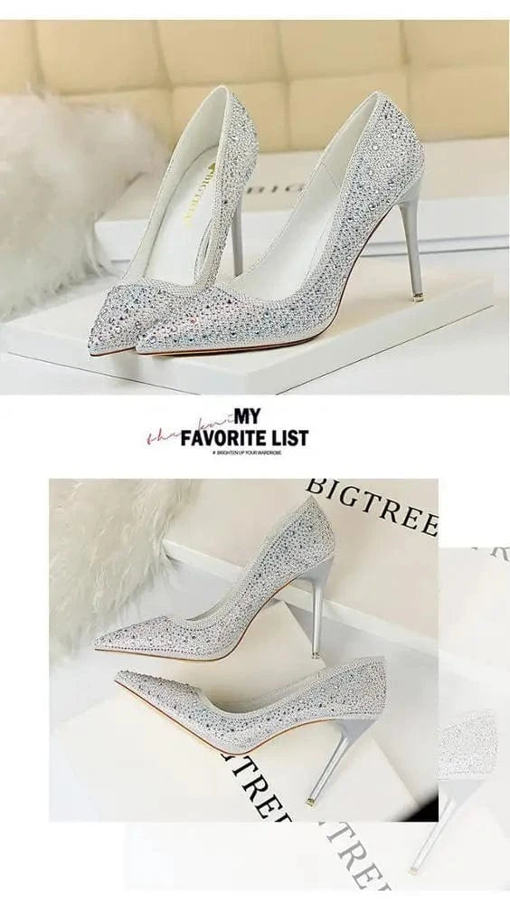 10CM high heels women's shoes stiletto high-heeled shallow mouth suede slim pedicure tip buckle rhinestone single shoes