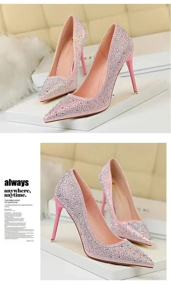 10CM high heels women's shoes stiletto high-heeled shallow mouth suede slim pedicure tip buckle rhinestone single shoes