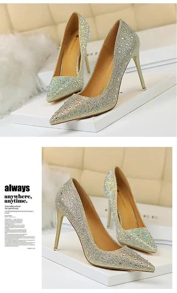 10CM high heels women's shoes stiletto high-heeled shallow mouth suede slim pedicure tip buckle rhinestone single shoes