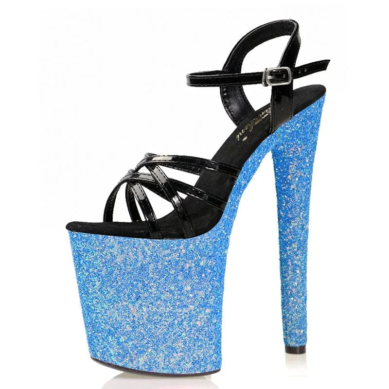 11.5 / Blue-A New green Sequin shiny high heels 20 cm thin heel belt pole dance super high heels 8 inch platform sandals