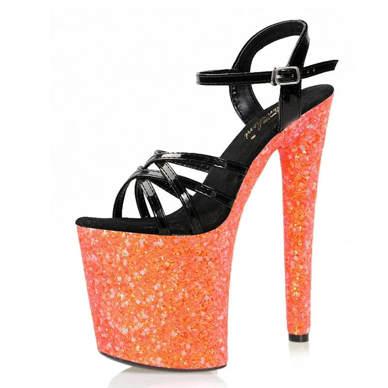11.5 / Orange-A New green Sequin shiny high heels 20 cm thin heel belt pole dance super high heels 8 inch platform sandals