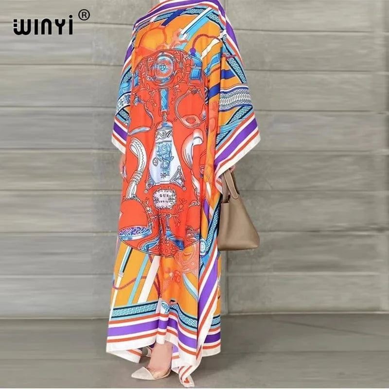 11 / One Size Africa Fashion Blogger Recommend Popular printed Silk Kaftan Maxi dresses Loose Summer Beach Bohemian kaftan long dress for lady