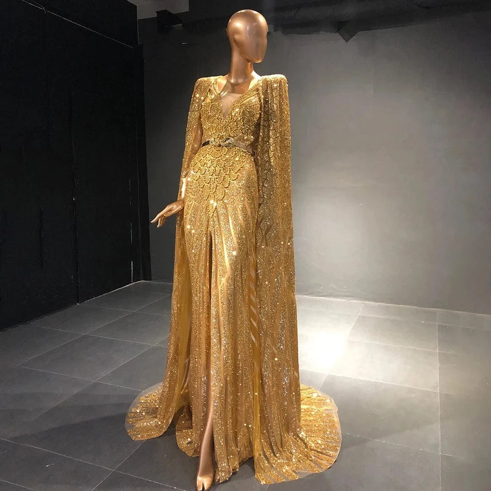 12 / 1 Scz050-2 Luxury Gold Dubai Evening Dresses With Cape Sparkly Beaded Elegant Long Formal Party Dress For Women Wedding