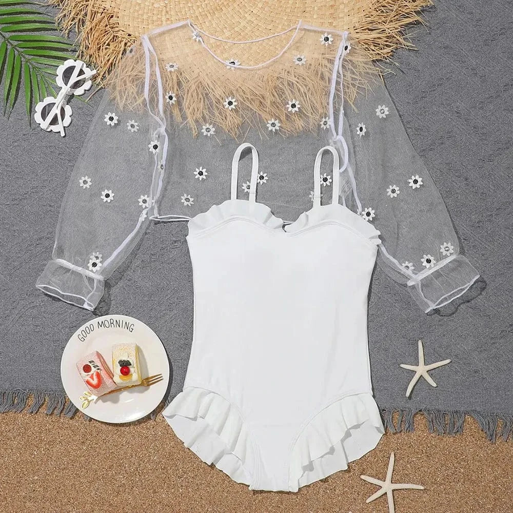 12(140) / White Custom Girls Ruffle Trim One Piece Swimsuit With Cover Up Top 7-14 Years Children's Swimwear White Monokini 2024 Bathing Suit
