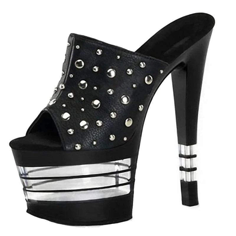 12 / Black-A Black rivet Gothic transvestite stiletto 17 cm club high heels women's summer leaky toe non slip sandals