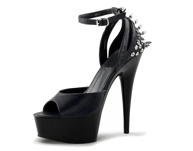 12 / Black Black stiletto heels 15cm high heels riveted Gothic platform leaky toe fashion striptease shoes women's party sandals