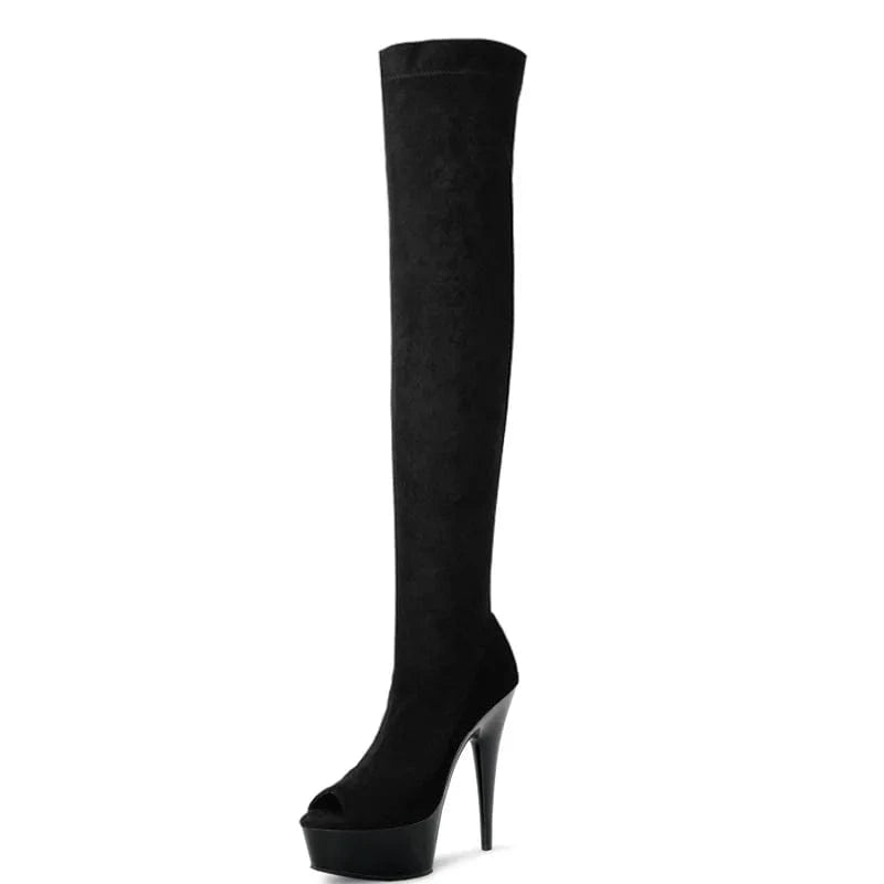 12 / Black Suede women Pole Dance thigh high boots Sexy Model Shoes Ultra 15cm Platforms buckle strap High Heel Dance Shoes