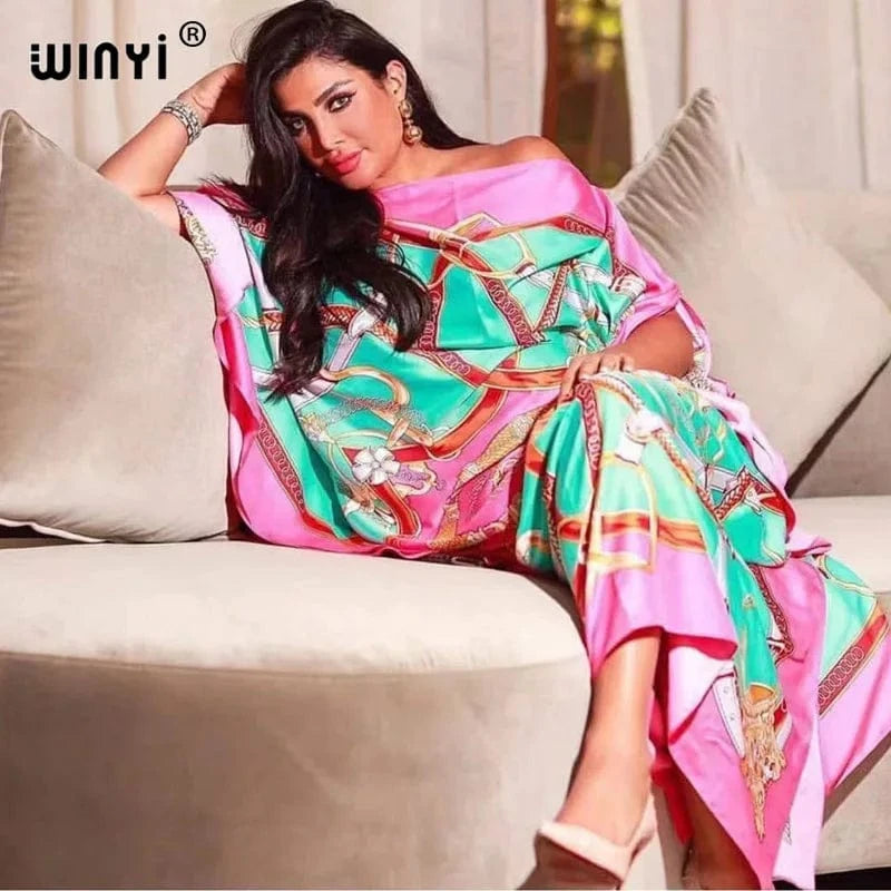 12 / One Size Africa Fashion Blogger Recommend Popular printed Silk Kaftan Maxi dresses Loose Summer Beach Bohemian kaftan long dress for lady
