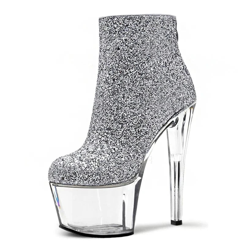 12 / Silver PU Silver glitter powder sequined high heels thin heels 17 cm bare boots banquet women's large high heels fashion boots