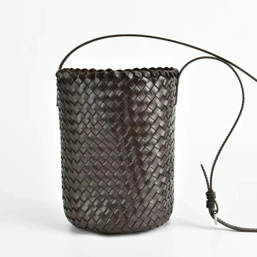 13*13*21cm / Coffee 2024 New Head Layer Calf Leather Handmade Woven Bucket Handbag Genuine Leather Retro Cylinder Single Shoulder Crossbody Bags