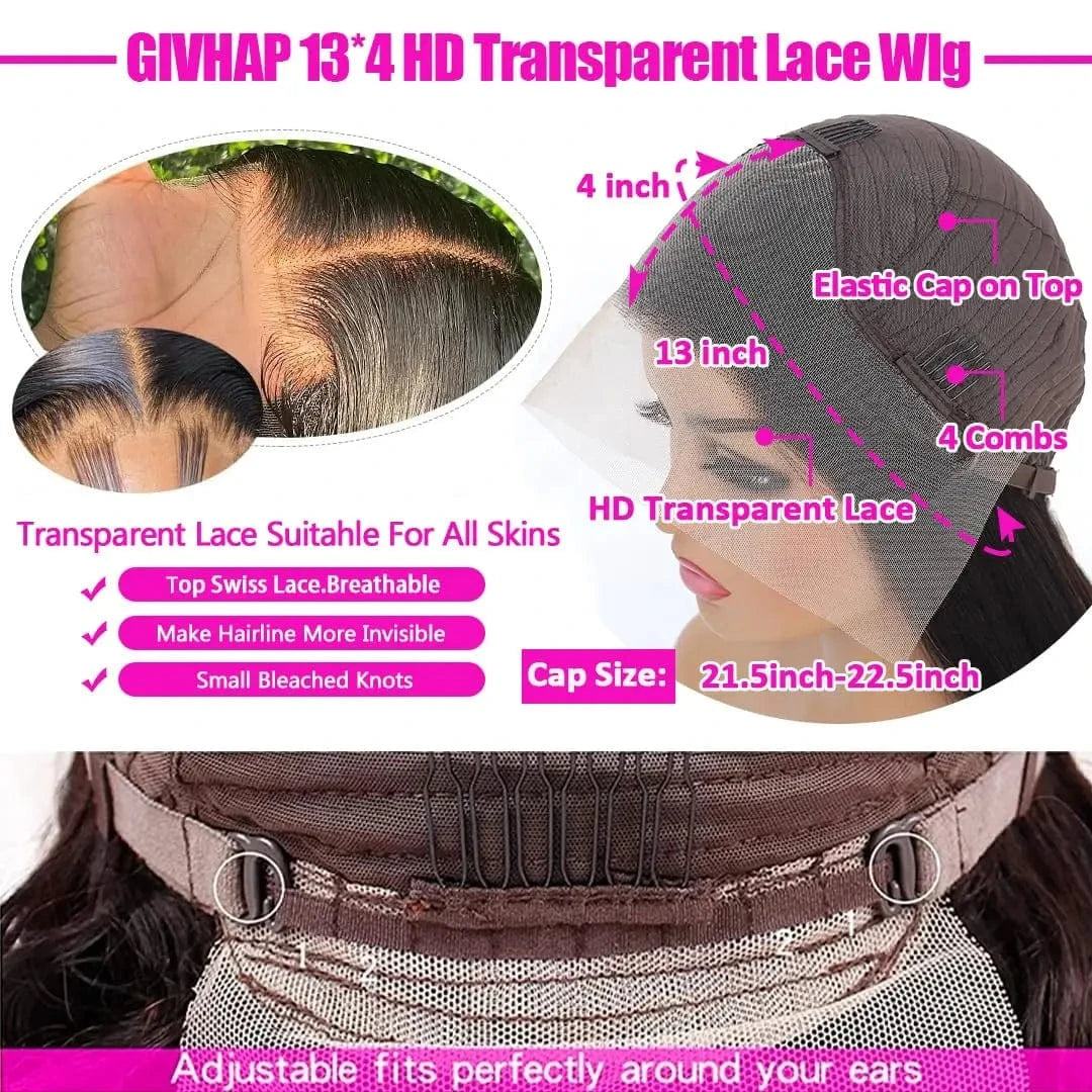 13x4 HD Lace Front Wig #1B Highlight Straight Transparent Lace Human Hair Wigs Kinky Straight Glueless Wigs