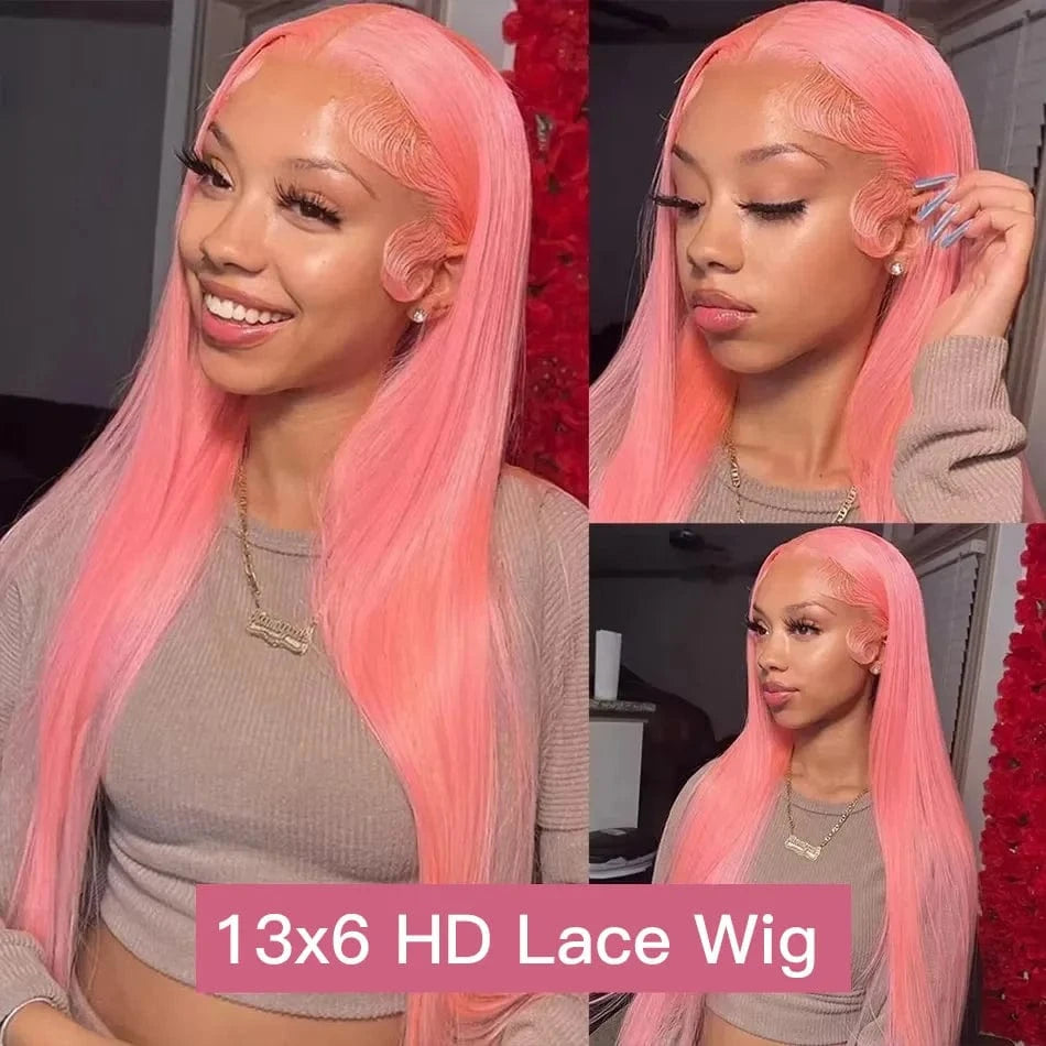 13X6 / 34inches / 220%|United States 30 Inch Lace Front Wig Human Hair Pink Wig Straight Hd Lace Frontal Wig 13X6 Wig Humain Hair For Women Perruques Cheveux Humains