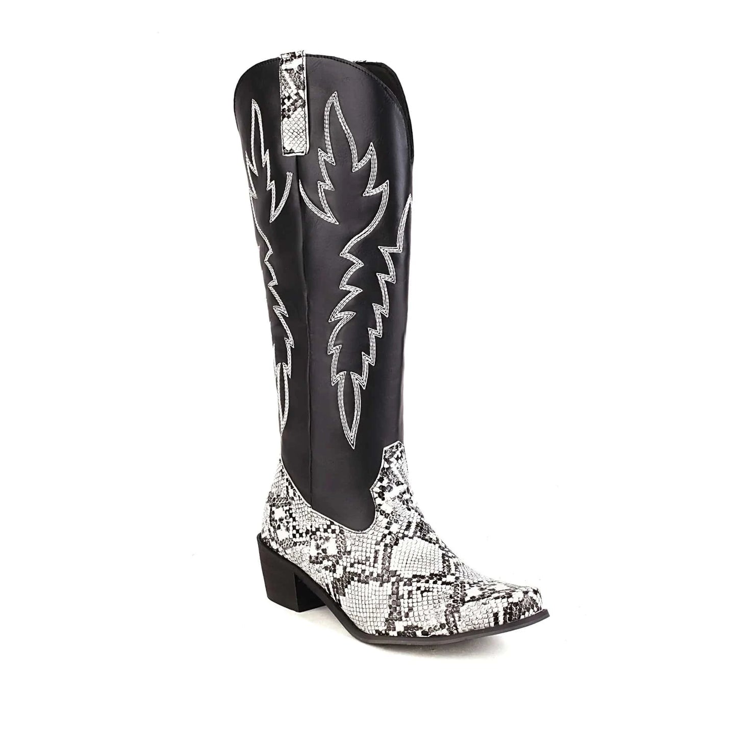14 / Black BUSY GIRL Cowboy Boots Fashion Snakeskin Pattern Embroidery Knee High Plus Size Knight Boots Thick Heels Ladies Shoes DR4117