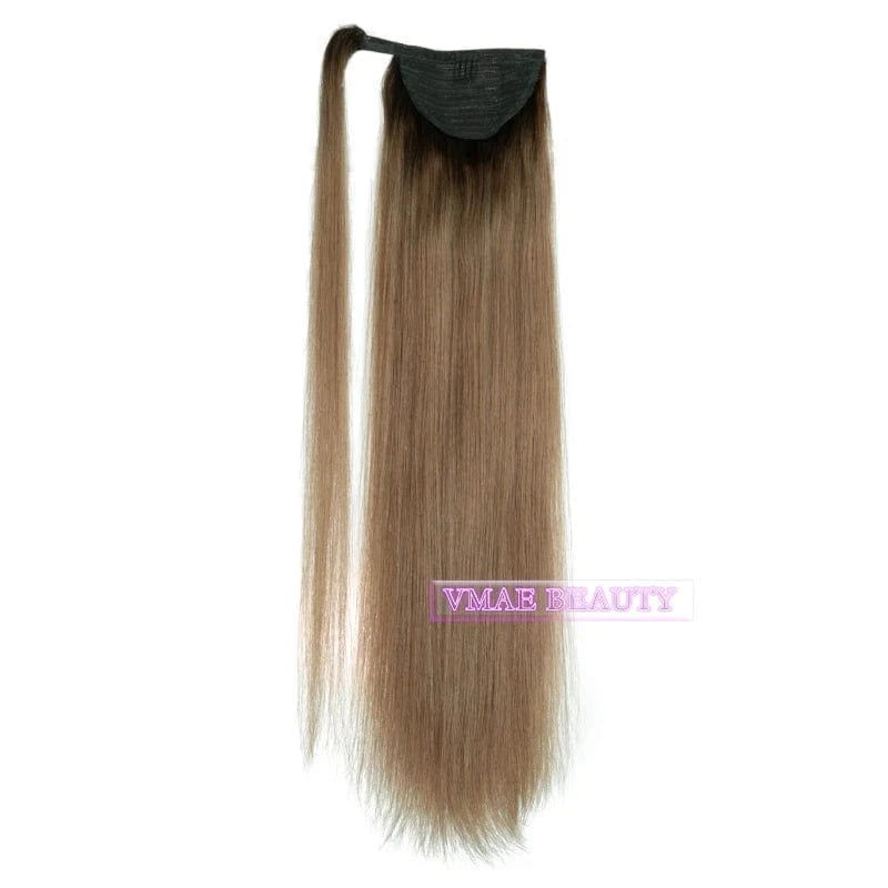 14 Inches / T#2/8 VMAE 100g Raw Remy Cuticle Aligned European Hair Ombre Color Dark Rooted Straight Wrap Around Ponytail Human Hair Extensions