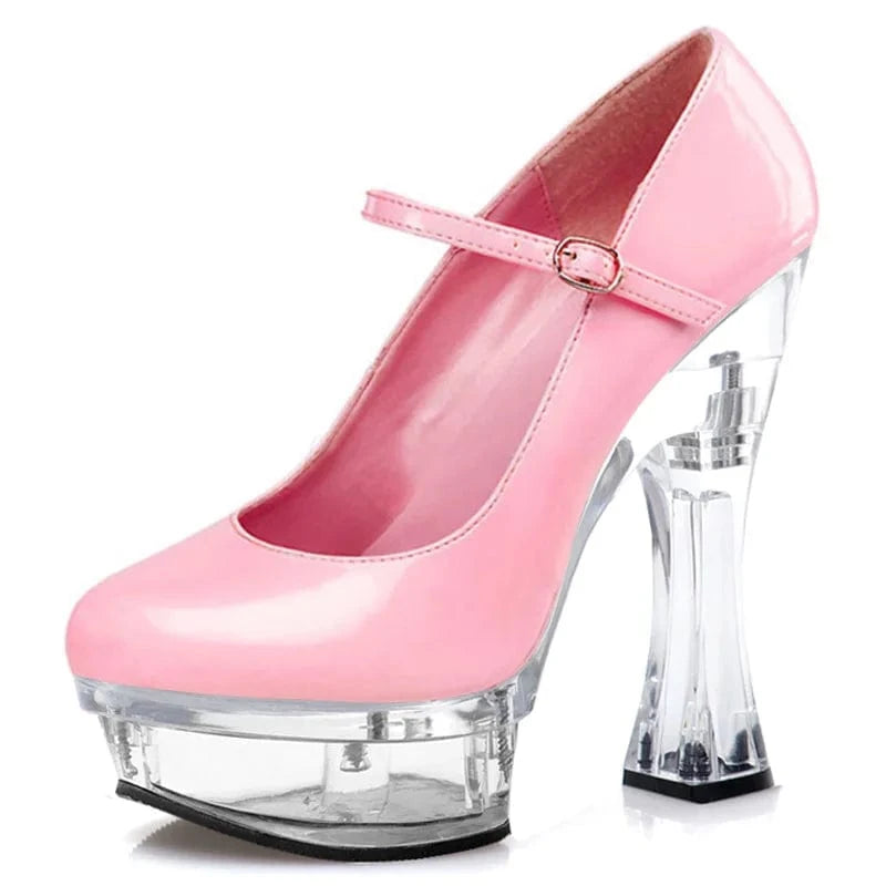 14CM High heeled shoes 7 inch Thick platform Shallow Novelty Pumps Fashion Party Dress Round patent leather Mary Jane wristband