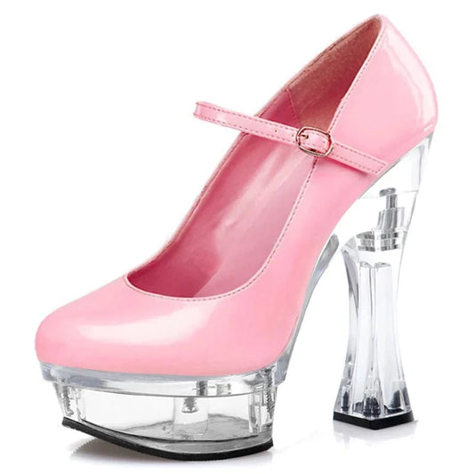 14CM High heeled shoes 7 inch Thick platform Shallow Novelty Pumps Fashion Party Dress Round patent leather Mary Jane wristband