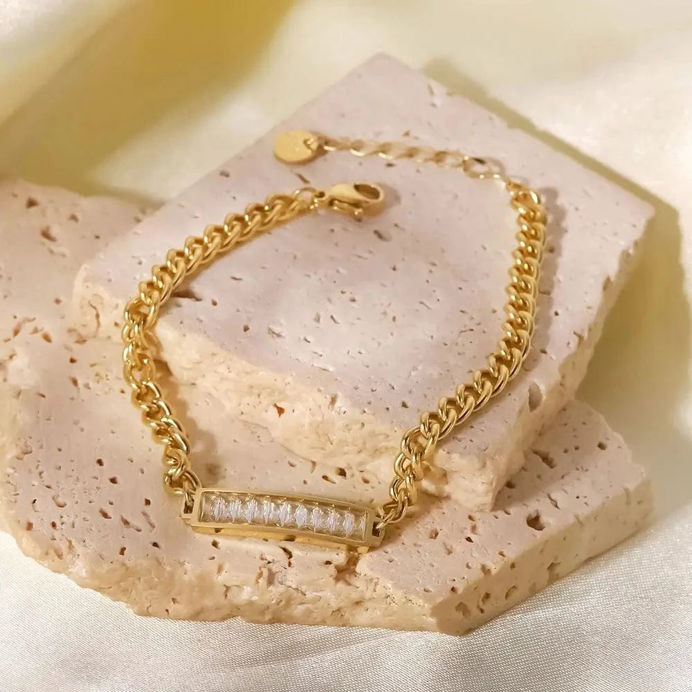 14k Gold Plated Square Cubic Zirconia High Quality Stainless Steel Bracelets Ladies Jewelry