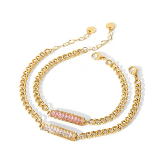 14k Gold Plated Square Cubic Zirconia High Quality Stainless Steel Bracelets Ladies Jewelry