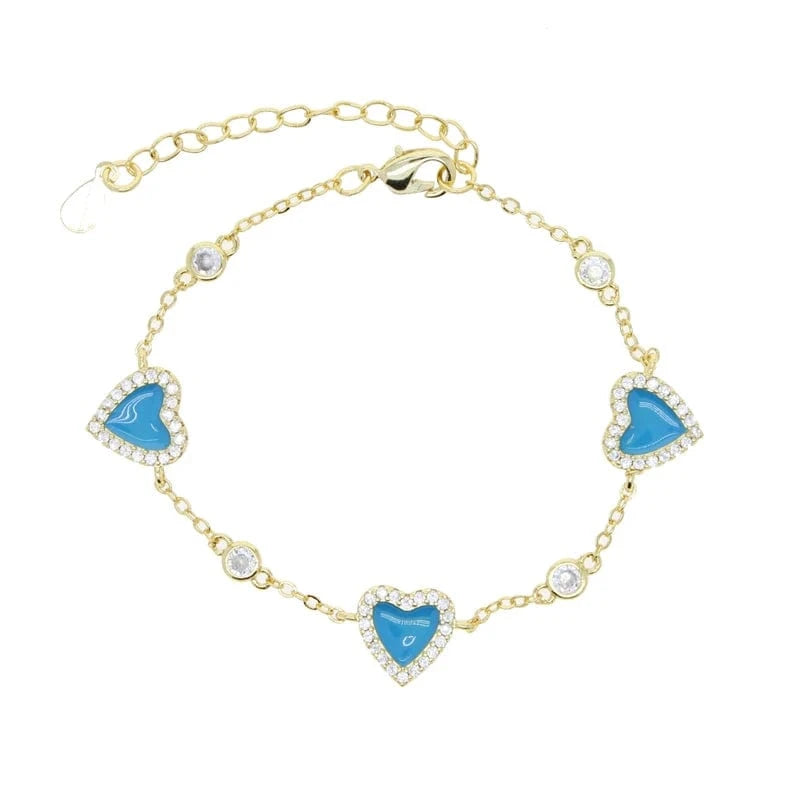 15+4cm / YB21-Turquoise 18K Gold Plated New Fashion Women Jewelry 5A CZ White Turquoise Heart Link Chain Bracelet