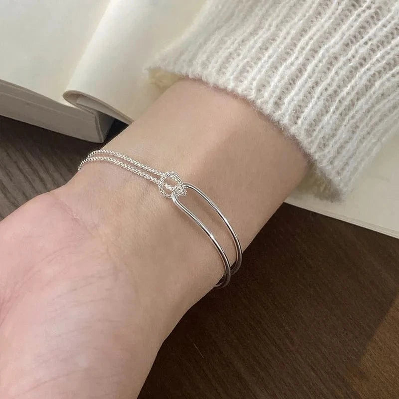 15.5+3.5cm / silver Genuine 925 Sterling Silver Double Layer Chain Knot Bracelet & Bangle For Women Fine Jewelry