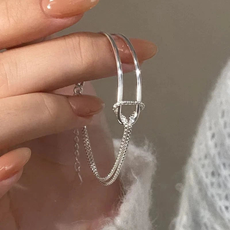 15.5+3.5cm / silver Genuine 925 Sterling Silver Double Layer Chain Knot Bracelet & Bangle For Women Fine Jewelry