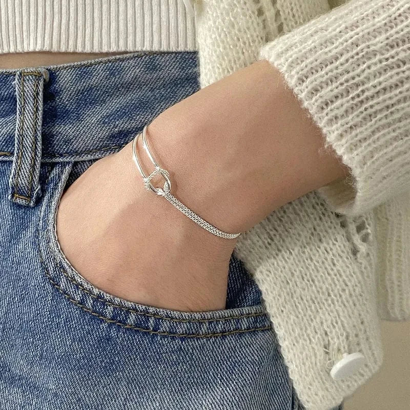 15.5+3.5cm / silver Genuine 925 Sterling Silver Double Layer Chain Knot Bracelet & Bangle For Women Fine Jewelry